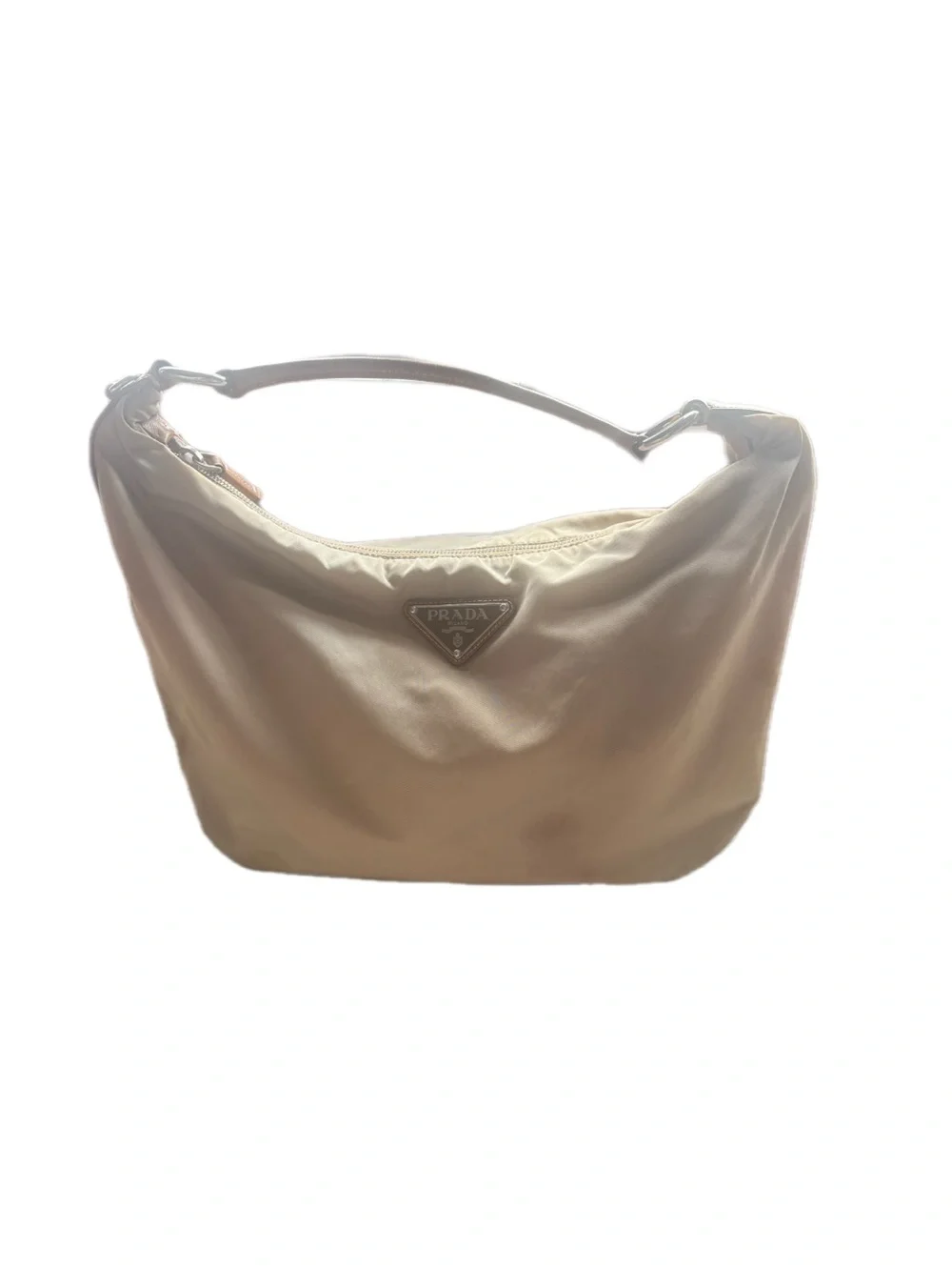 Vintage Prada Tessuto hobo bag crafted from beige/khaki nylon with leather strap